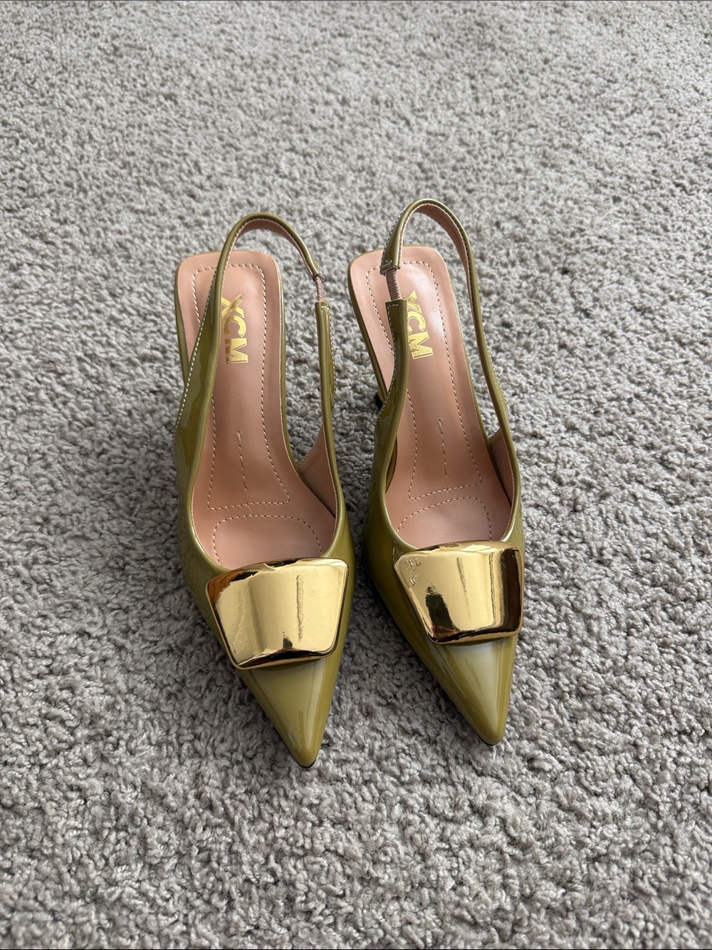 Women’s Olive Green Pointed Slingback Heels with Gold Accent